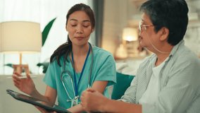young nurse explaining medical results in digital tablet laptop to senior couple Asian older woman talking to young female nurse doctor help patient education Care Retirement Volunteer CharityNursing - Powered by Shutterstock - Get 15% off with code: PIKWIZARD15