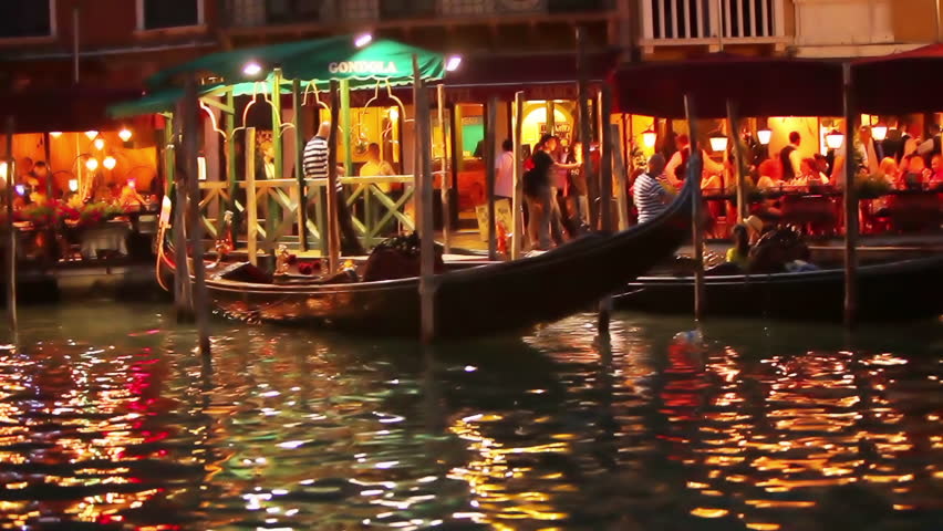 Floating shot of gondola and buildings