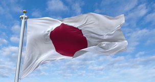 Japan flag with flagpole waving in wind, rolling clouds background looping, 4K video (Perfect Loop)