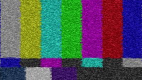 Loopable: Old analog CRT TV screen shows SMPTE color bars (television screen test pattern) with flickering static noise because of weak signal. (av45326c)