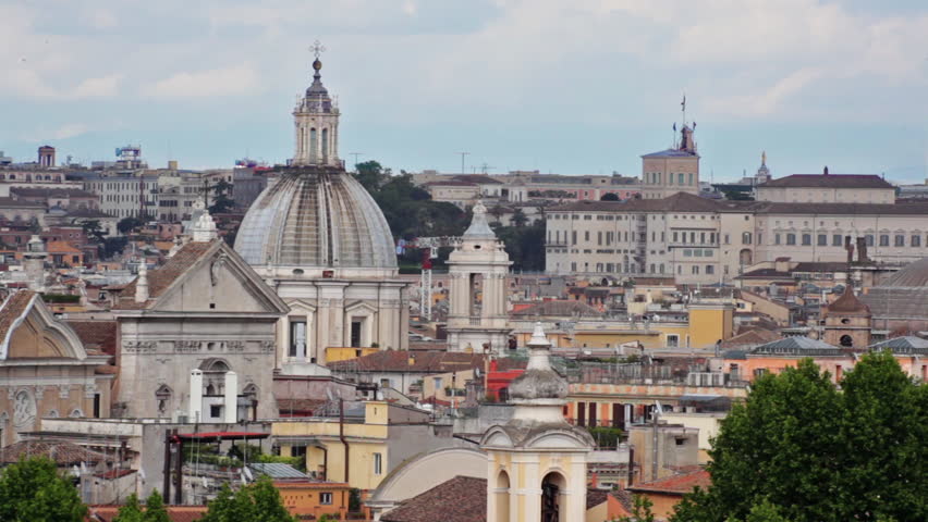 Rooftop footage of Rome, including a minor church and dome