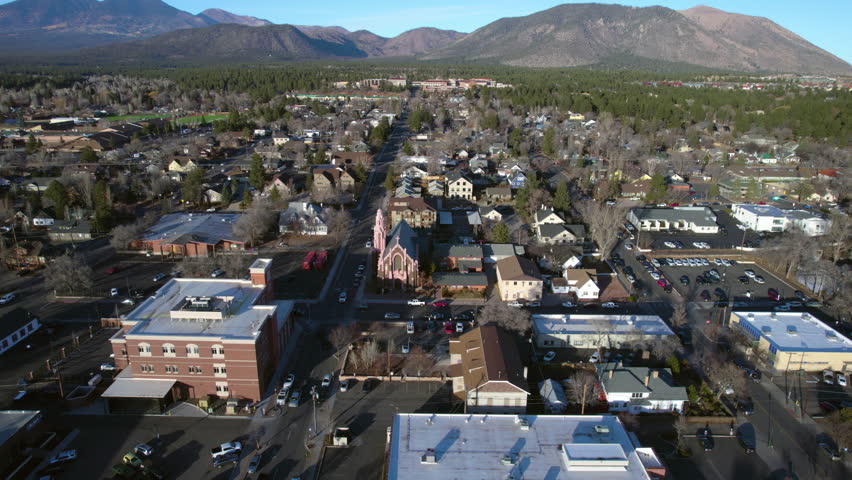 Aerial View of Flagstaff, Arizona USA. Downtown Buildings, Church and Homes