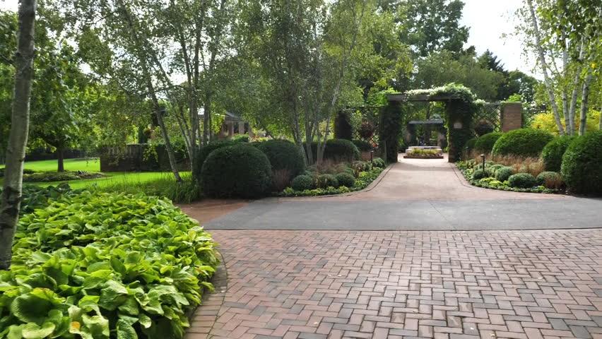 Green Plants and Trees by Pathway in Park of Chicago Botanical Garden, Glencoe IL USA