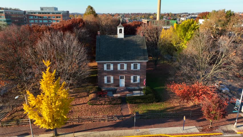 York, Pennsylvania Colonial Courthouse in autumn. Aerial establishing shot.