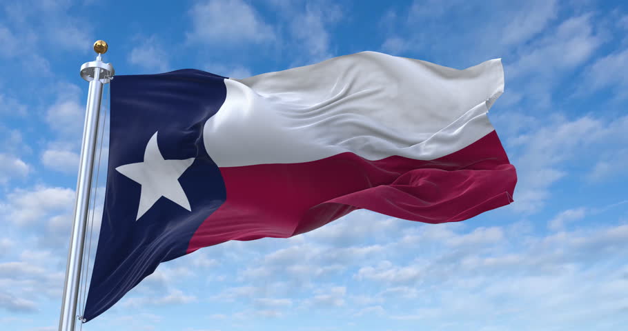 Texas flag with flagpole waving in wind, rolling clouds background looping, 4K video (Perfect Loop)