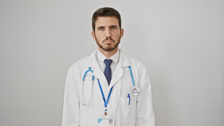 Unhappy young hispanic man, a depressed doc, pointing down in sadness with stethoscope, expressing emotional sorrow isolated over white Royalty-Free Stock Footage #3442708073