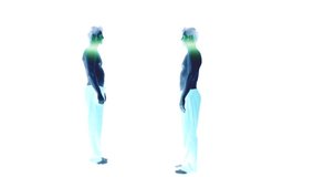 Futuristic and highly processed video of two man facing each other, meditating and doing tai-chi movements. These video is loopable