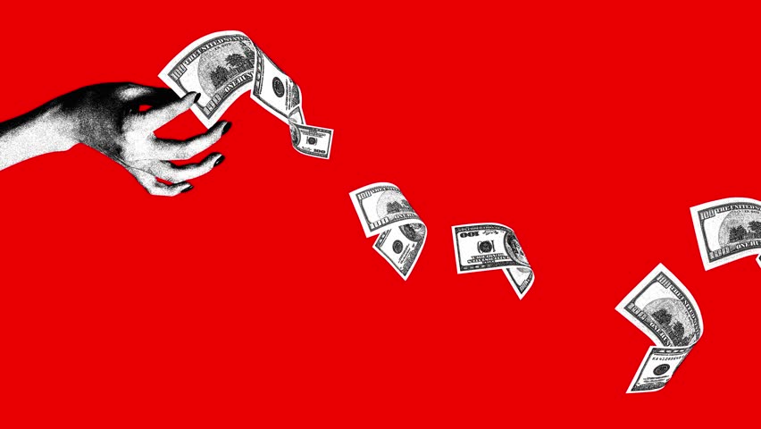 Promotional material for fundraiser, charity, wealth distribution event. Stop motion, animation. Male hand and flying money on red background. Concept of financial literacy, economic, business, money
