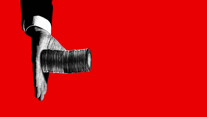 Growing finances. Male hand holding many coins against red background. Smart, profitable investment. Stop motion, animation. Concept of financial literacy, economic, business, money