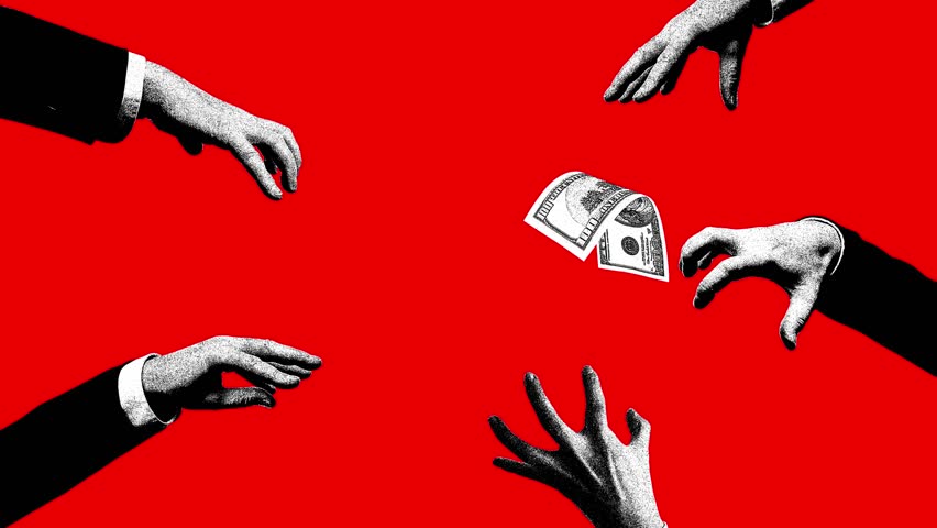 Professional competition. Hands trying to reach money on red background. Challenges for financial promotion. Stop motion, animation. Concept of financial literacy, economic, business, money