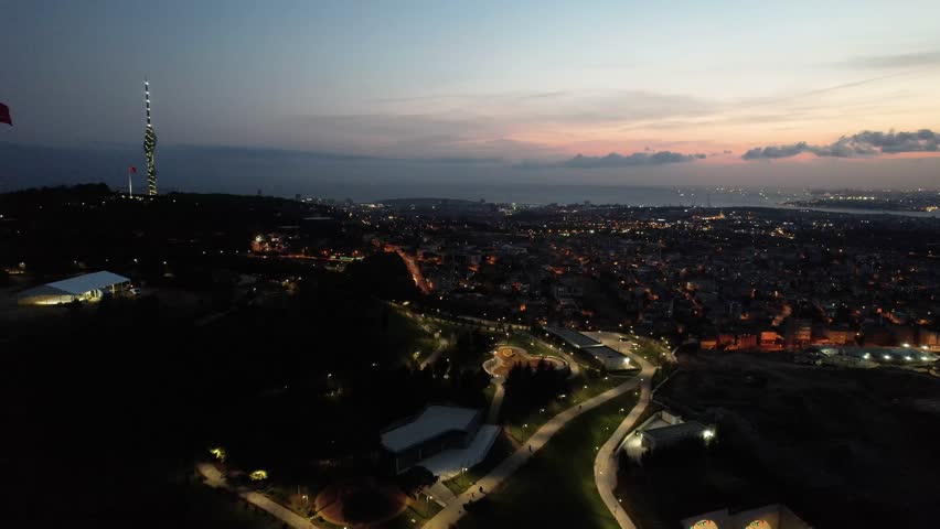 Camlica Mosque in the Sunset Time Drone Video, Camlica Hill Uskudar, Istanbul Turkiye (Turkey) Royalty-Free Stock Footage #3442866869