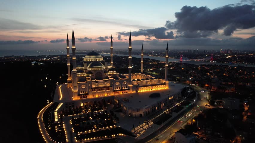 Camlica Mosque in the Sunset Time Drone Video, Camlica Hill Uskudar, Istanbul Turkiye (Turkey) Royalty-Free Stock Footage #3442866873