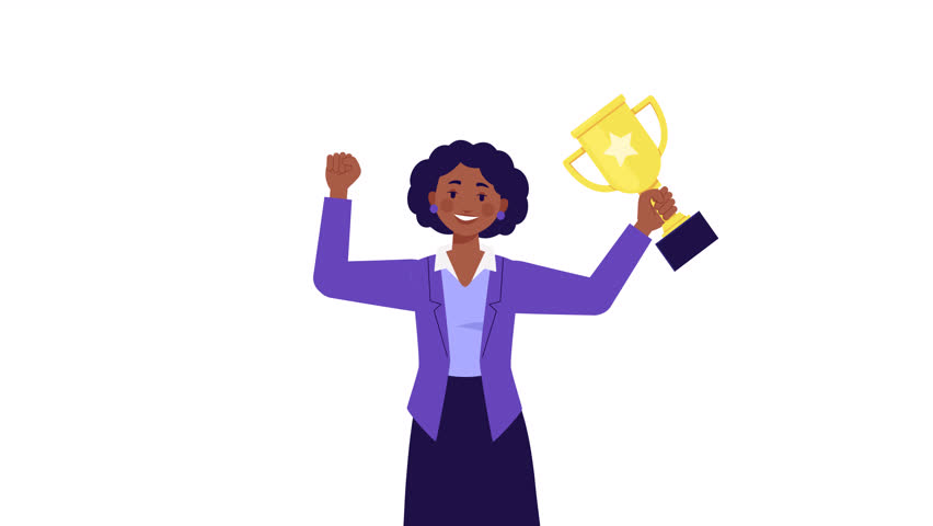 Business woman holding golden trophy cup. Cartoon style animation. first place concept, success, win, champion reward. Business achievement, Competition winner, celebration. Happy office worker