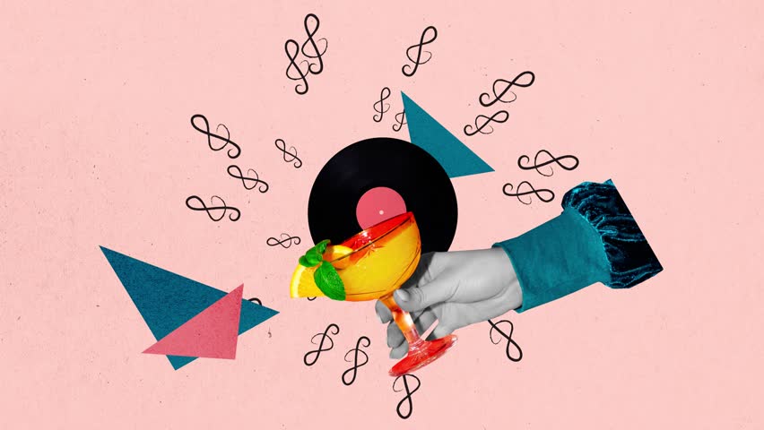 Stop motion, animation. Creative design with delicious alcoholic cocktail ad retro vinyl record isolated on peach background. Concept of creativity, fun, leisure time, mood, retro fashion