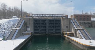 Winter aerial video of the Erie Canal Locks found in Seneca Falls, NY, between Seneca Lake and Cayuga Lake.
