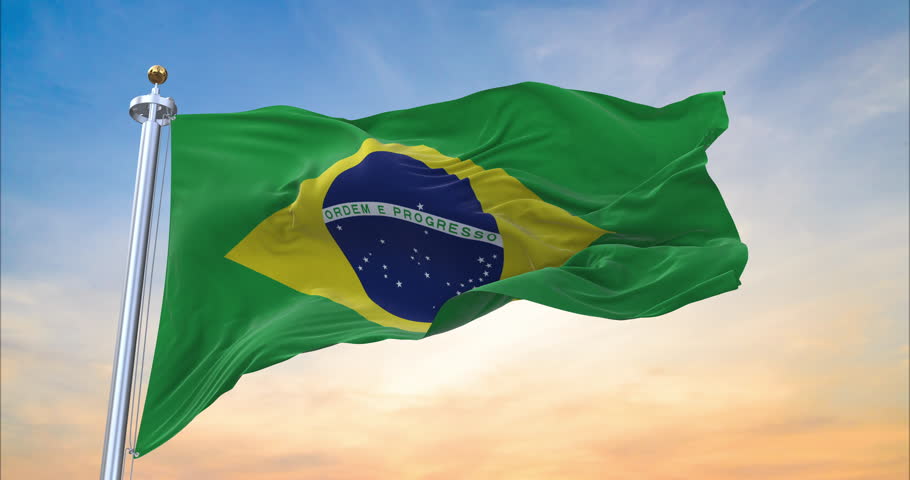 Flag of Brazil realistic waving in the wind with sundown background (Perfect Loop)