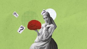 Focus on critical thinking and intellectual empowerment. Woman in Renaissance attire holding brain, with finger on lips, next to question mark. Women's educational initiative. Stop motion, animation. - Powered by Shutterstock - Get 15% off with code: PIKWIZARD15