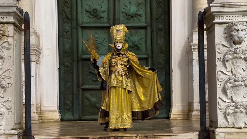 Venice Carnival. People in Venetian carnival masks and costumes on streets of Venice, Italy, Europe February 10, 2024. High quality 4k footage