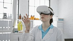 A young woman in a lab coat uses virtual reality headset in a bright medical laboratory. - Powered by Shutterstock - Get 15% off with code: PIKWIZARD15