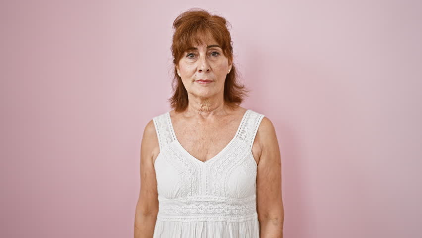 Cheerful middle-aged woman in a dress gesturing 