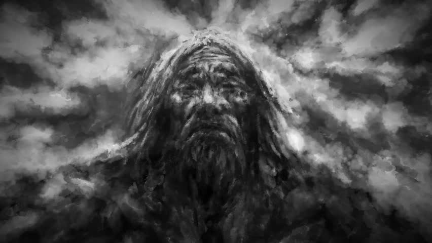 Evil man wakes up and casts a spell. Dark visions of hell. Scary 2d animation. Motion graphics for VJ loops and music clips. Animated film nightmares for creepy Halloween. Black and white background.