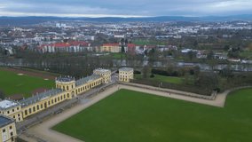 Aerial view around the downtown area Kassel in Germany on a cloudy late winter day