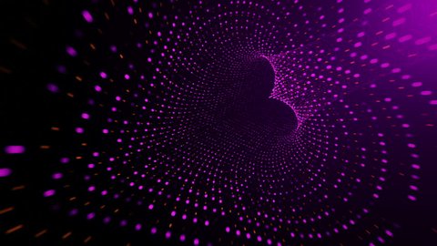 Abstract background with flying into digital tunnel from flickering particles, digits 0 and 1 as binary code and plexus of network. Shape heart. Animation of seamless loop.