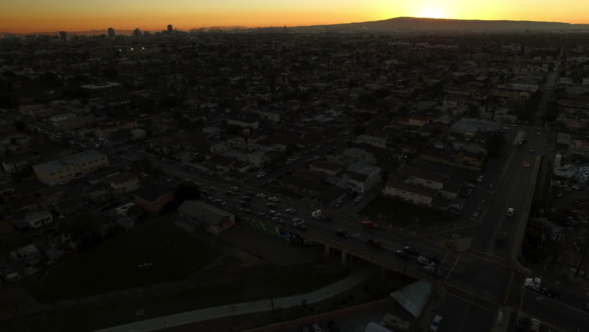Aerial Panning Beautiful View Of Buildings On City Landscape During Sunset - Long Beach, California