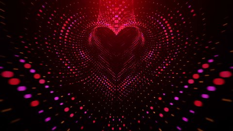Abstract background with flying into digital tunnel from flickering particles, digits 0 and 1 as binary code and plexus of network. Shape heart. Animation of seamless loop.