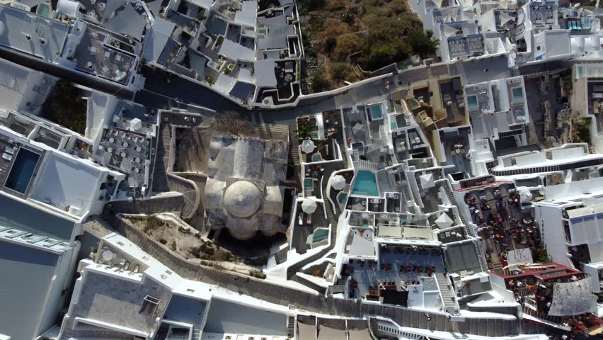 Top View over Touristic Fira Traditional Settlement Houses, Santorini, Greece