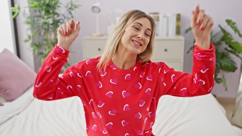 A cheerful middle-aged woman in a red pajama top with hearts stretches happily on a bedroom bed, representing comfort and joy at home. Royalty-Free Stock Footage #3443056513