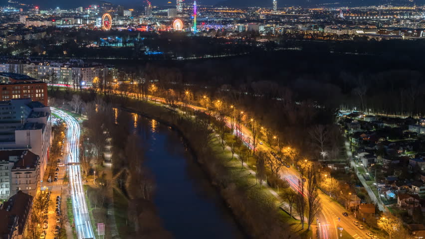 Vienna skyline aerial view at night, vienna traffic downtown top view vienna night austria city.
