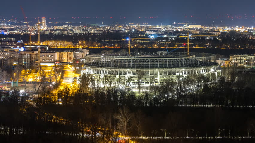 Vienna night skyline aerial view time lapse footage, vienna The Ernst Happel Stadion, vienna soccer stadium.