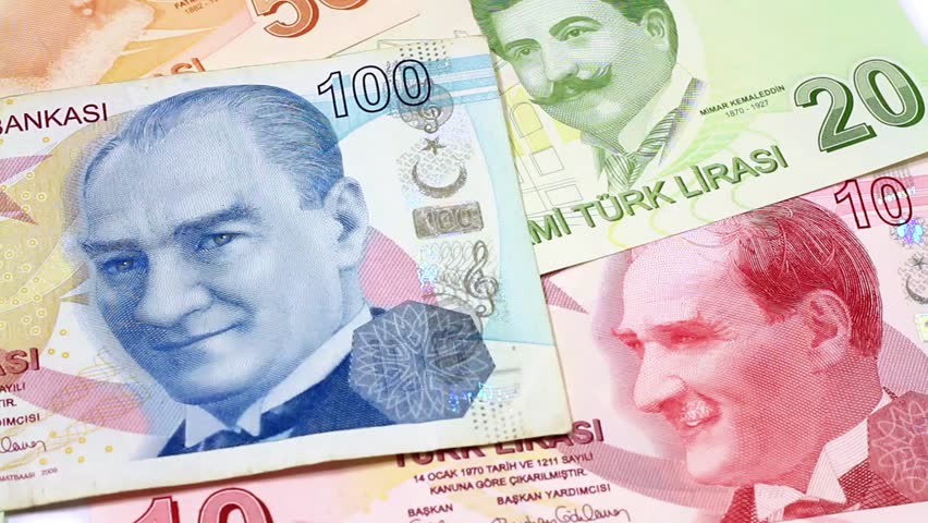 Turkish Banknotes. Slight right to left pan closeup of money. 