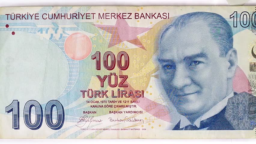 100 Lira banknotes rotating in fan shape Looping clip of Turkish bills passing