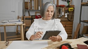 Senior woman in workshop designs project with tablet and paper at carpentry studio - Powered by Shutterstock - Get 15% off with code: PIKWIZARD15
