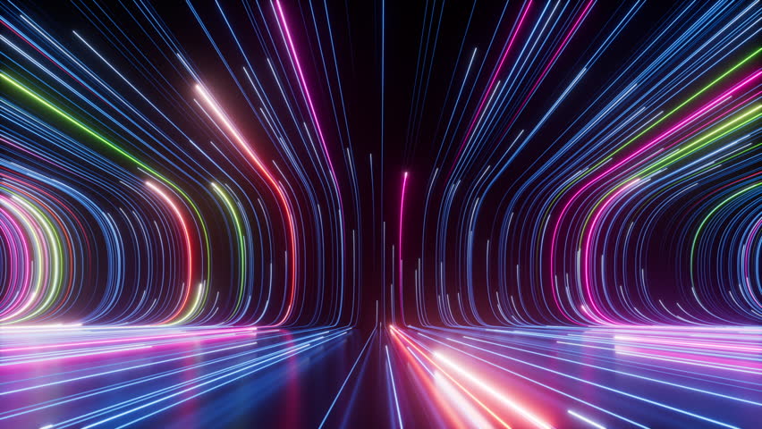 cycled 3d animation. Abstract background with colorful glowing neon lines sliding up endlessly. Seamless animated wallpaper