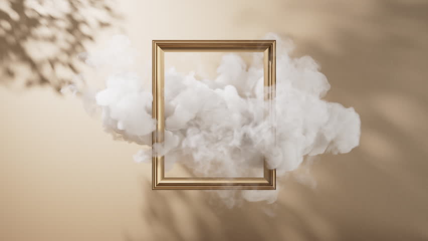 White smoke flows inside the empty golden classic frame, over the neutral beige background. Cycled 3d animation