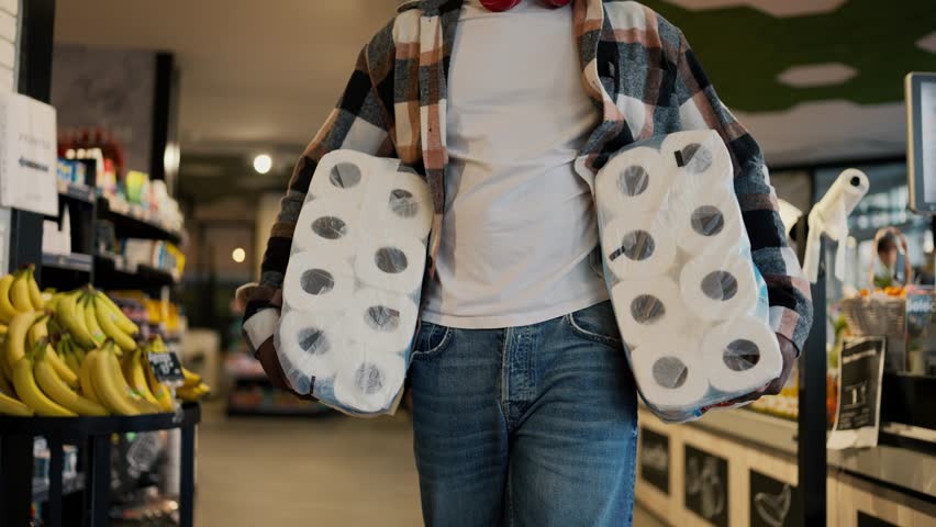 Close-up shot of a man in a plaid shirt with Black skin color carrying huge packages of disposable white towels and walking along counters with vegetables and fruits in a modern grocery store Royalty-Free Stock Footage #3443102851