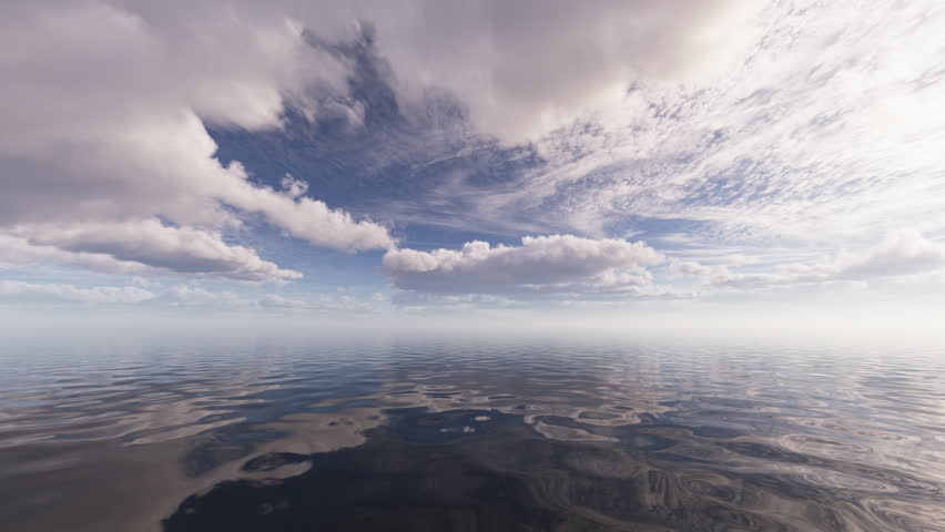 3d animation, abstract seascape background. Time lapse of white clouds slowly pass by in the blue sky, reflect in the calm water. Relaxing nature scenery