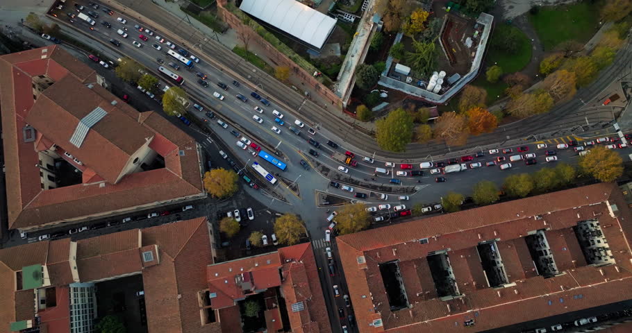 Aerial view cityscape with traffic in Florence Italy. Traffic jams in the historical center of a tourist city with beautiful architecture. High quality 4k footage