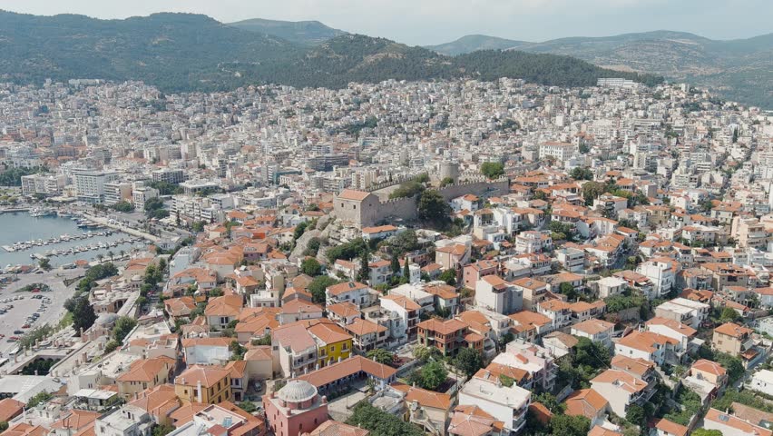 Kavala, Greece. Kavala Fortress. Historic city center. Aegean Sea. Summer, Aerial View