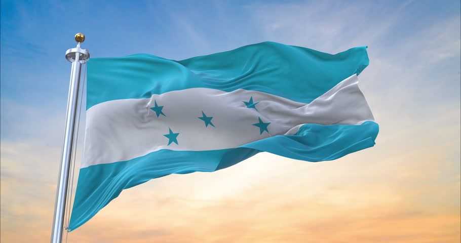 Flag of Honduras realistic waving in the wind with sundown background (Perfect Loop)