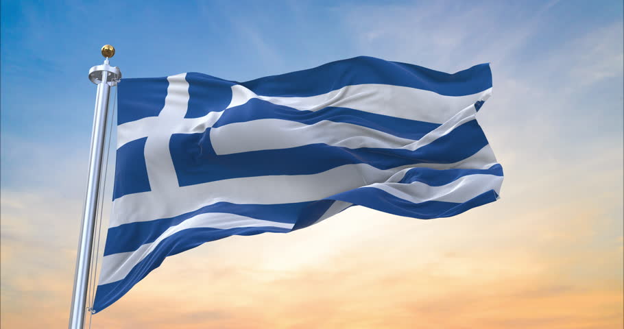 Flag of Greece realistic waving in the wind with sundown background (Perfect Loop) Royalty-Free Stock Footage #3443276707