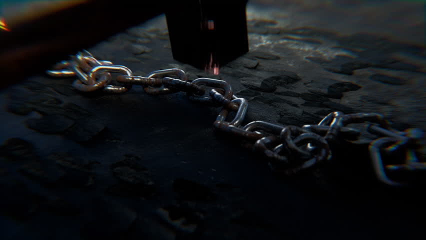 Chain broken by a hammer symbolizing liberation.