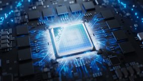 Futuristic Microchip Connecting with a PCB and Powering Entire System. Energy Impulse Expanding after CPU Connection. Advanced Chip Activates Circuit Board. Semiconductor Surface Transforms to Black - Powered by Shutterstock - Get 15% off with code: PIKWIZARD15