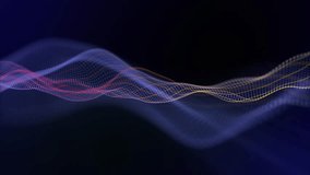 Seamless loop background with abstract waveform made of blue particles and orange yellow curvy lines. Animated 3D screensaver for futuristic technology and computer science. Looped video, 4k, 60 fps