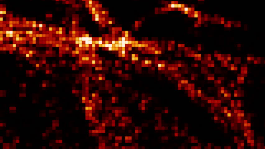 Loop motion orange red pixel LED digital grid lights pattern animation abstract background. Bright floodlights flashing computer technology lights.