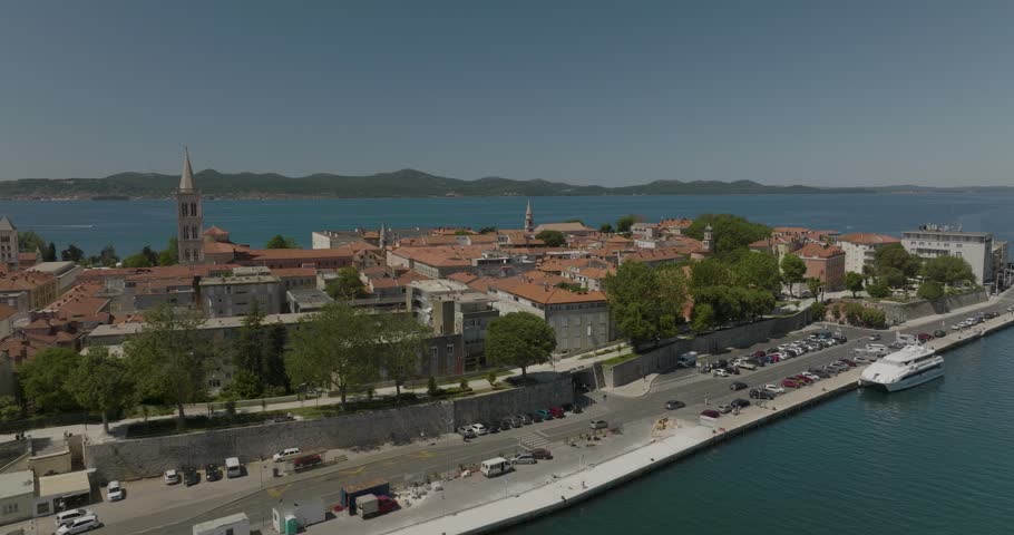 Aerial view of Zadar harbor and old town with stunning coastline and blue sea, Zadar, Croatia.