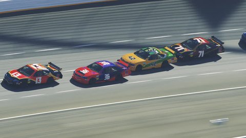 03081 Animation of speeding race cars on curve racetrack. Camera follows one car.